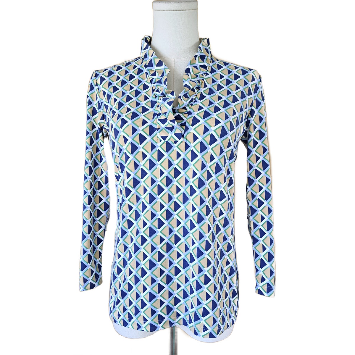 J Mclaughlin Durham Ruffle Top Navy Blue Tan Geo Print Xs Preppy 3/4 Sleeve